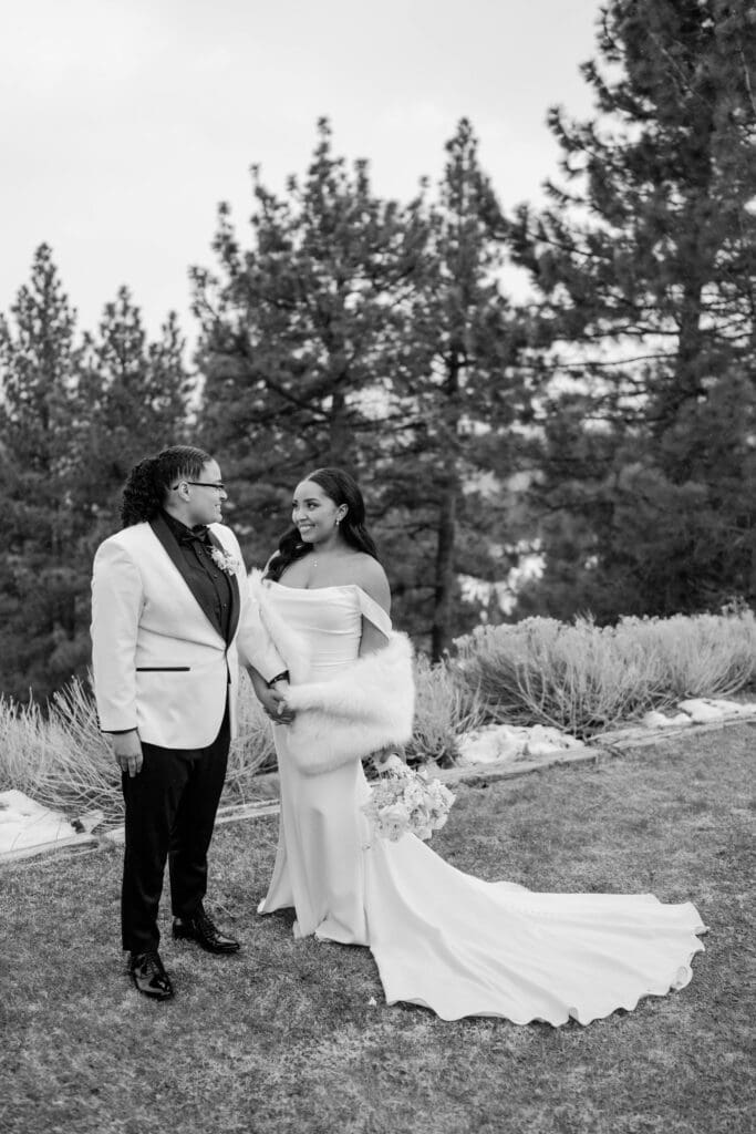 A wedding portrait of the couple at Tannenbaum in Lake Tahoe